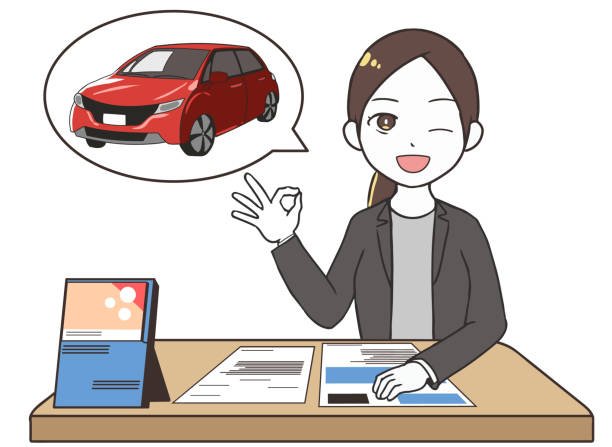 A businesswoman at her desk, reviewing a car insurance quote with a car visible in front of her.