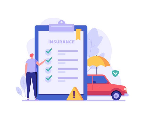  Illustration of a man standing beside a car, representing an insurance concept in a flat design style.