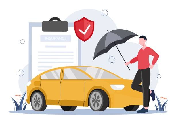 A man holding an umbrella reviews his car insurance document while considering various insurance quotes.