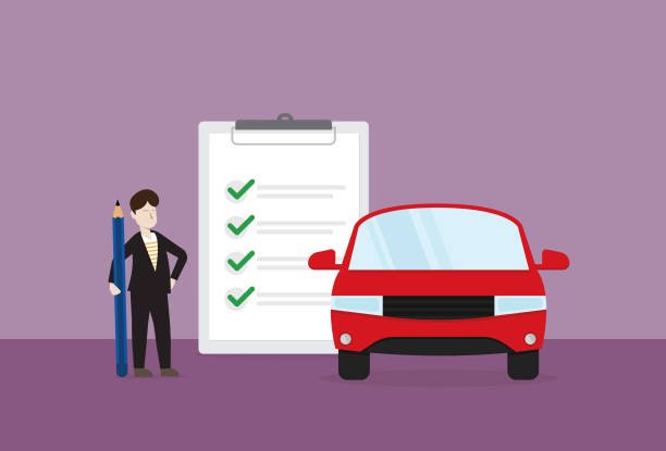 A man in a suit stands beside a car, holding a clipboard and pencil, preparing to provide insurance quotes.